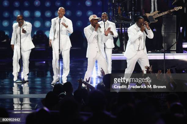 Original members of New Edition perform onstage at 2017 BET Awards at Microsoft Theater on June 25, 2017 in Los Angeles, California.