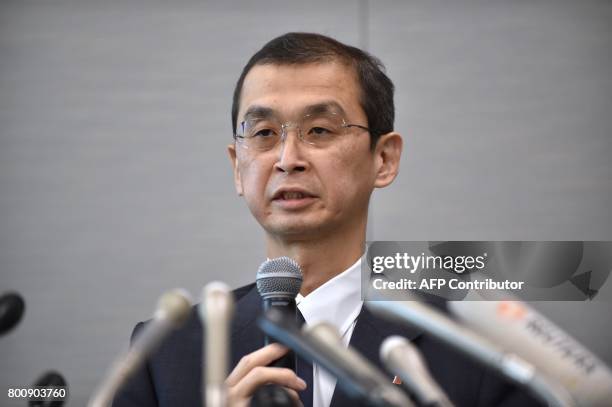 Chairman and CEO of Japanese airbag maker Takata Corp., Shigehisa Takada, answers questions during a press conference in Tokyo on June 26, 2017....
