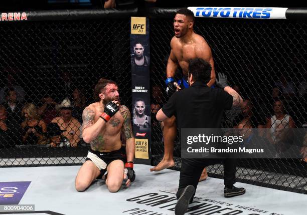 Kevin Lee celebrates after his submission victory over Michael Chiesa in their lightweight bout during the UFC Fight Night event at the Chesapeake...