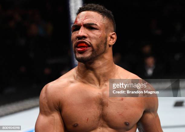 Kevin Lee celebrates after his submission victory over Michael Chiesa in their lightweight bout during the UFC Fight Night event at the Chesapeake...