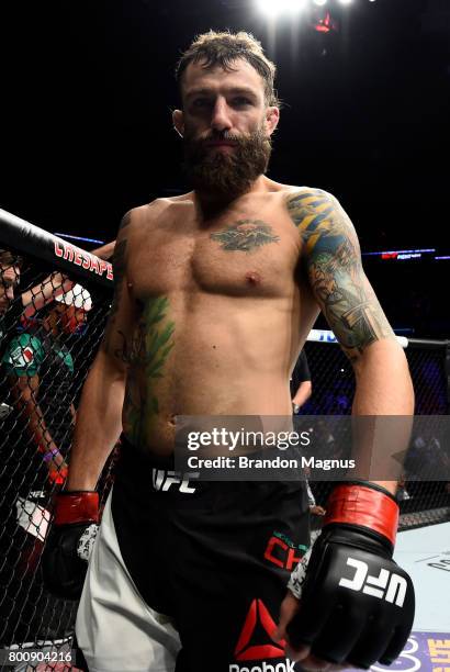 Michael Chiesa stands in the Octagon prior to his lightweight bout against Kevin Lee during the UFC Fight Night event at the Chesapeake Energy Arena...