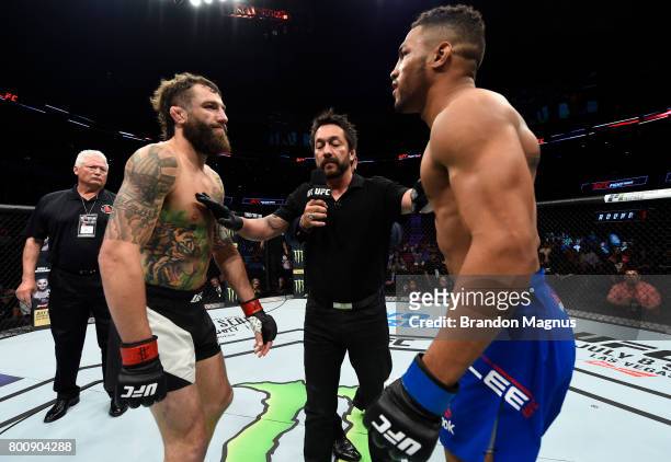 Opponents Michael Chiesa and Kevin Lee face off prior to their lightweight bout during the UFC Fight Night event at the Chesapeake Energy Arena on...