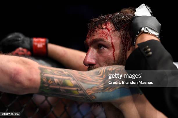 Michael Chiesa reacts after his submission loss to Kevin Lee in their lightweight bout during the UFC Fight Night event at the Chesapeake Energy...