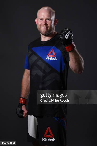 Tim Boetsch poses for a portrait backstage after his victory over Johny Hendricks during the UFC Fight Night event at the Chesapeake Energy Arena on...
