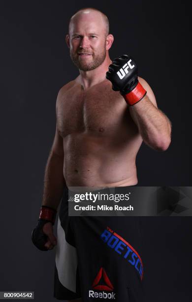 Tim Boetsch poses for a portrait backstage after his victory over Johny Hendricks during the UFC Fight Night event at the Chesapeake Energy Arena on...