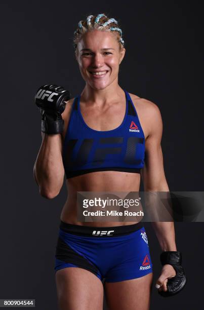 Felice Herrig poses for a portrait backstage after her victory over Justine Kish during the UFC Fight Night event at the Chesapeake Energy Arena on...