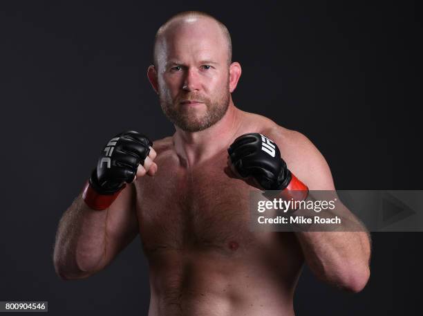 Tim Boetsch poses for a portrait backstage after his victory over Johny Hendricks during the UFC Fight Night event at the Chesapeake Energy Arena on...