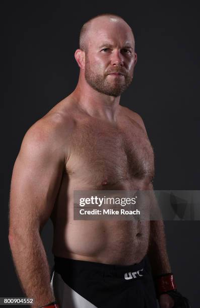 Tim Boetsch poses for a portrait backstage after his victory over Johny Hendricks during the UFC Fight Night event at the Chesapeake Energy Arena on...