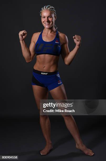 Felice Herrig poses for a portrait backstage after her victory over Justine Kish during the UFC Fight Night event at the Chesapeake Energy Arena on...