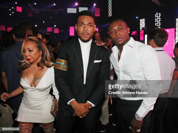 Tameka Cottle of Xscape, Chance The Rapper, and O.T. Genasis at 2017 BET Awards at Microsoft Theater on June 25, 2017 in Los Angeles, California.