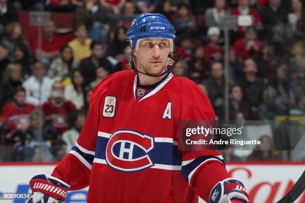 Alexei Kovalev of the Montreal Canadiens looks on during a stoppage in play against the Columbus Blue Jackets at the Bell Centre on February 23, 2008...