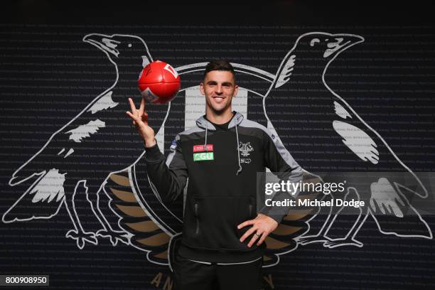 Scott Pendlebury of the Collingwood Magpies poses during a press conference ahead of his 250th AFL game on June 26, 2017 in Melbourne, Australia.