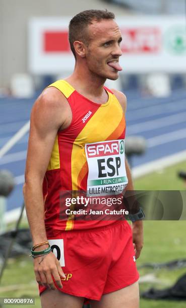 Antonio Abadia of Spain celebrates winning the 5000m during day 2 of the 2017 European Athletics Team Championships at Stadium Lille Metropole on...
