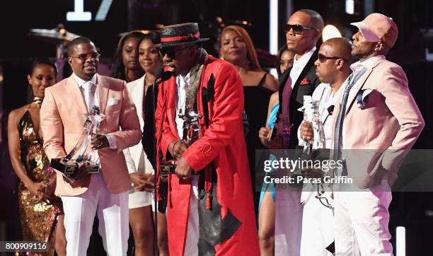 Ricky Bell, Bobby Brown, Johnny Gill, Ronnie DeVoe, Michael Bivins and Ralph Tresvant of New Edition accept the Lifetime Achievement Award onstage at...