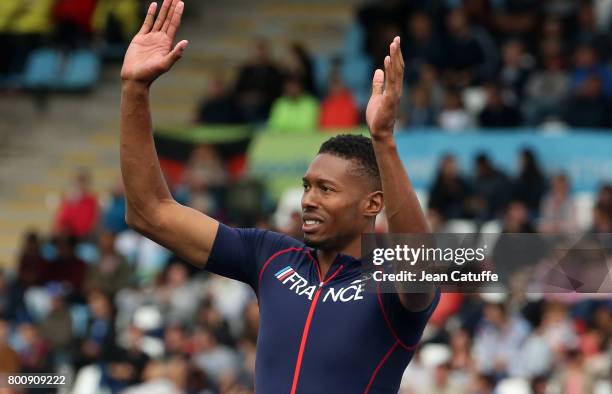 Mickael Hanany of France celebrates winning in High Jump during day 2 of the 2017 European Athletics Team Championships at Stadium Lille Metropole on...