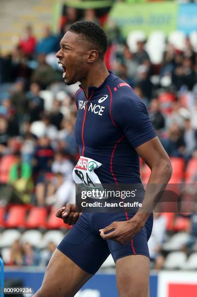 Mickael Hanany of France celebrates winning in High Jump during day 2 of the 2017 European Athletics Team Championships at Stadium Lille Metropole on...