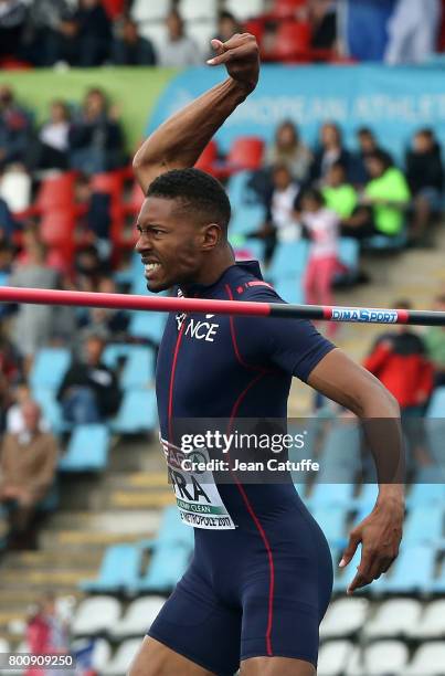 Mickael Hanany of France celebrates winning in High Jump during day 2 of the 2017 European Athletics Team Championships at Stadium Lille Metropole on...