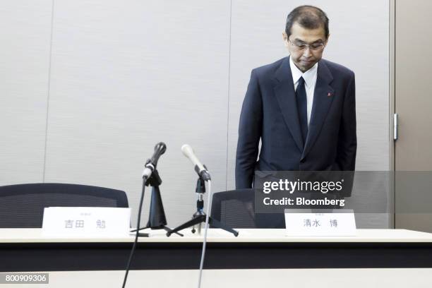 Shigehisa Takada, chairman and chief executive officer of Takata Corp., bows as he leaves a news conference in Tokyo, Japan, on Monday, June 26,...