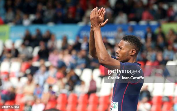 Mickael Hanany of France celebrates winning in High Jump during day 2 of the 2017 European Athletics Team Championships at Stadium Lille Metropole on...