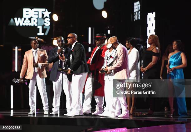 Ricky Bell, Bobby Brown, Johnny Gill, Ronnie DeVoe, Michael Bivins and Ralph Tresvant of New Edition accept the Lifetime Achievement Award onstage at...