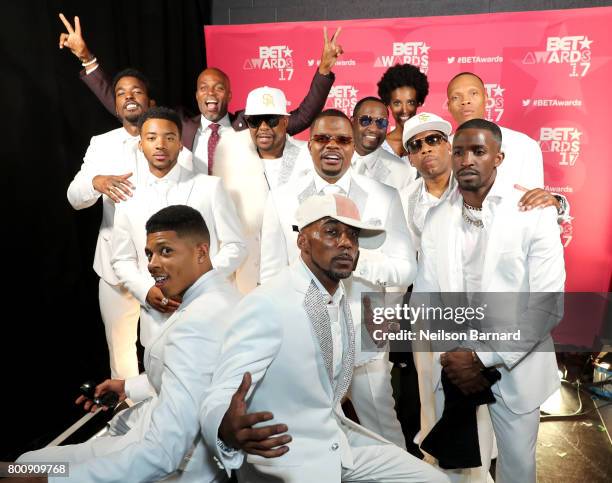 The adult cast of 'The New Edition Story' and the original members of New Edition backstage at the 2017 BET Awards at Microsoft Theater on June 25,...