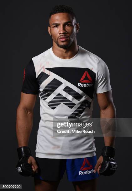 Kevin Lee poses for a portrait backstage after his victory over Michael Chiesa during the UFC Fight Night event at the Chesapeake Energy Arena on...