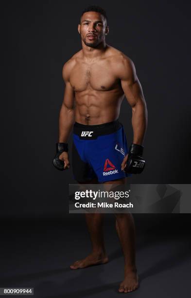 Kevin Lee poses for a portrait backstage after his victory over Michael Chiesa during the UFC Fight Night event at the Chesapeake Energy Arena on...