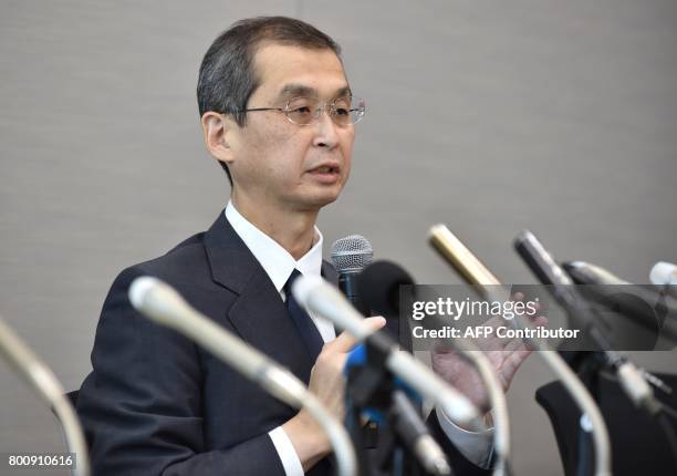 Chairman and CEO of Japanese airbag maker Takata Corp., Shigehisa Takada, speaks during a press conference in Tokyo on June 26, 2017. Japan's...