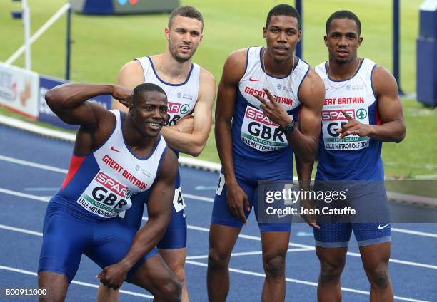 Harry Aikines-Aryeetey, Danny Talbot, Zharnel Hughes, Chijindu Ujah of Great Britain celebrate winning the 4x100m Relay on day 2 of the 2017 European...