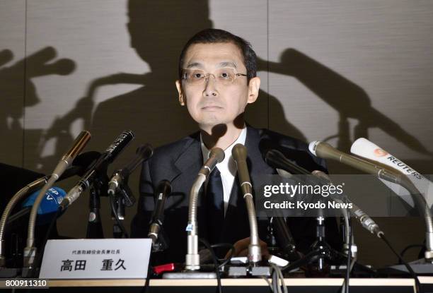 Takata Corp. Chairman and Chief Executive Officer Shigehisa Takada attends a press conference in Tokyo on June 26 apologizing over the auto parts...