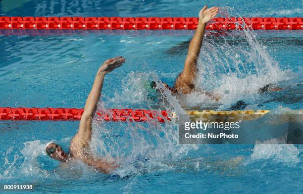 Jared Gilliland and Leonardo De Deus compete in Men's 200 m Backstroke during the international swimming competition Trofeo Settecolli at Piscine del...