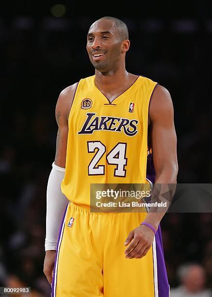 Kobe Bryant of the Los Angeles Lakers looks on during the game against the Atlanta Hawks at Staples Center on February 19, 2008 in Los Angeles,...