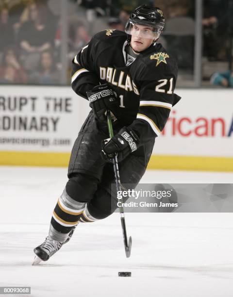 Loui Eriksson of the Dallas Stars handles the puck against the Nashville Predators at the American Airlines Center on March 1, 2008 in Dallas, Texas.