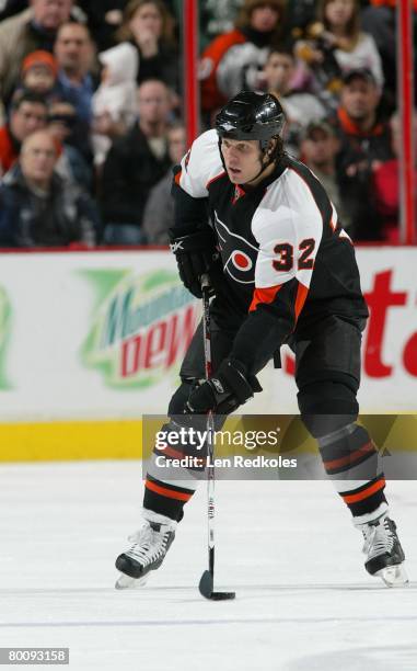 Riley Cote of the Philadelphia Flyers skates with the puck in a NHL game against the Ottawa Senators on February 28, 2008 at the Wachovia Center in...