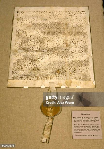 Copy of a 1297 version of Magna Carta is on display during a press viewing at the National Archives March 3, 2008 in Washington, DC. The Magna Carta...