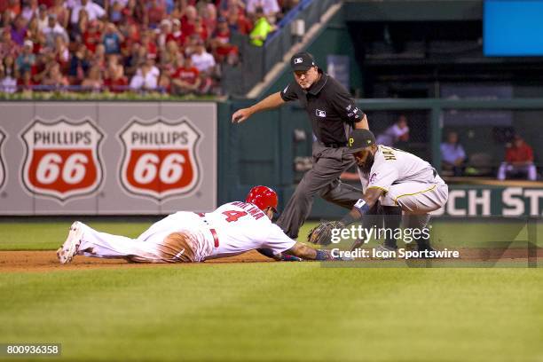 St. Louis Cardinals catcher Yadier Molina safely slide into second base head of the tag for a double against Pittsburgh Pirates second baseman Josh...