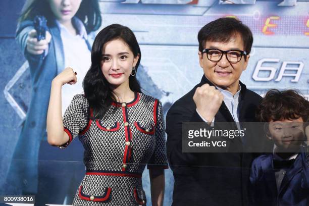 Actor Jackie Chan and actress Yang Mi attend the premiere of South Korean director Chang Yoon Hong-seung's film 'Reset' on June 25, 2017 in Beijing,...