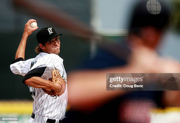 Starting pitcher Andrew Miller of the Florida Marlins pitches against the Boston Red Sox during a Spring Training game at Roger Dean Stadium on March...