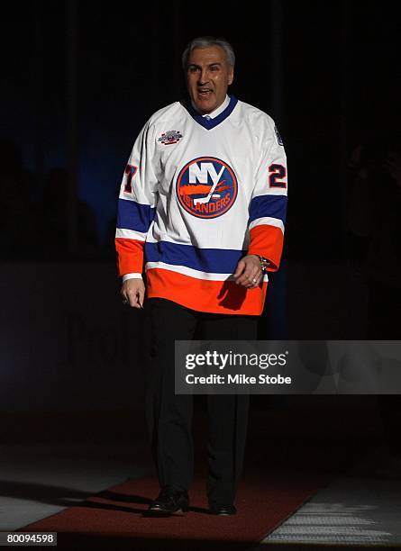 John Tonelli of 'The 'Core of the Four' New York Islanders Stanley Cup championships take part in a ceremony prior to the Islanders game against the...