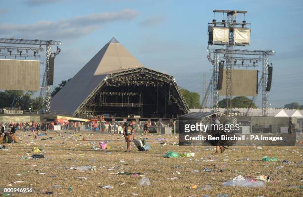 Rubbish by the Pyramid Stage following the Glastonbury Festival at Worthy Farm in Pilton, Somerset.