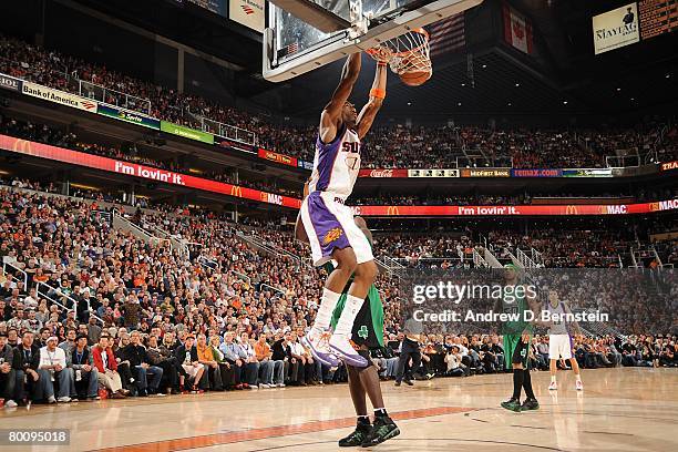 Amare Stoudemire of the Phoenix Suns dunks the ball during the NBA game against the Boston Celtics at U.S. Airways Center on February 22, 2008 in...