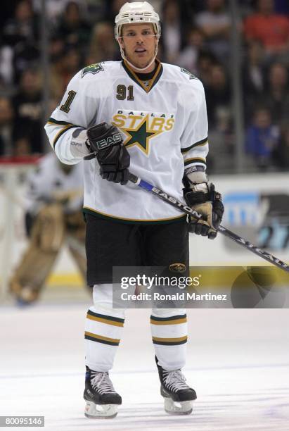 Brad Richards of the Dallas Stars skates against the Chicago Blackhawks during their NHL game at the American Airlines Center on February 28, 2008 in...