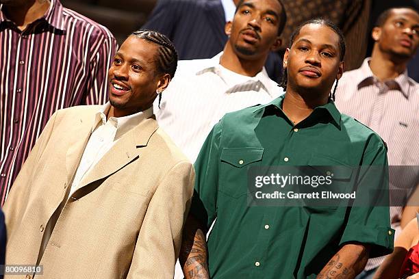 Allen Iverson and Carmelo Anthony of the Denver Nuggets arrive for the Havana Nights Charity Gala on March 3, 2008 at the Pepsi Center in Denver,...