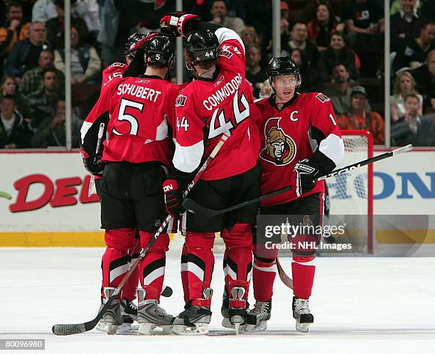 The Ottawa Senators celebrate a first period goal from Christoph Schubert against the Anaheim Ducks at the Honda Center March 3, 2008 in Anaheim,...