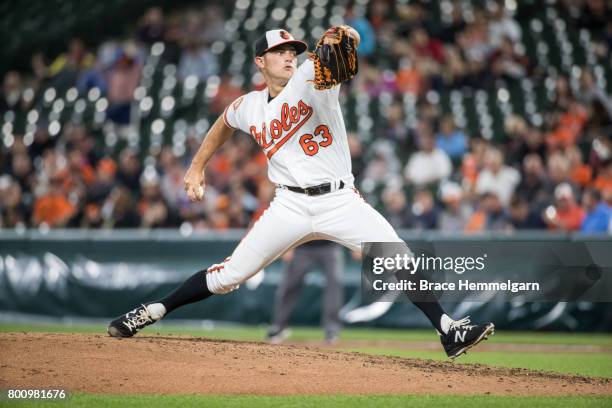 Tyler Wilson of the Baltimore Orioles pitches against the Minnesota Twins on May 22, 2017 at Oriole Park at Camden Yards in Baltimore, Maryland. The...