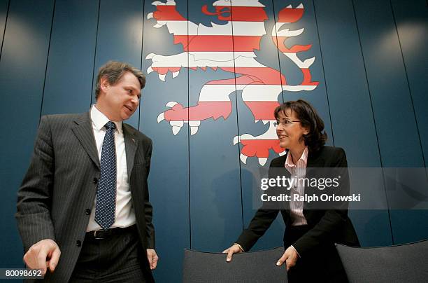 Andrea Ypsilanti , Chairwoman of the German Social Democrats in the German state of Hesse and general secretary Norbert Schmitt arrive for a meeting...