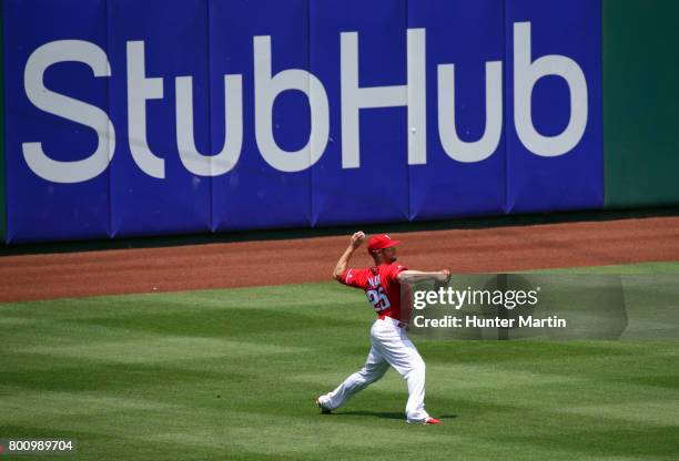 Daniel Nava of the Philadelphia Phillies during a game against the St. Louis Cardinals at Citizens Bank Park on June 22, 2017 in Philadelphia,...