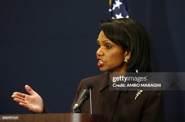 Secretary of State Condoleezza Rice answers a question during a joint press conference with Egyptian Foreign Minister Ahmed Abul Gheit following her...