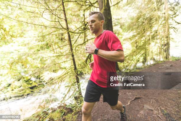 fit junger mann auf einem trail-lauf im wald - confidence male landscape stock-fotos und bilder