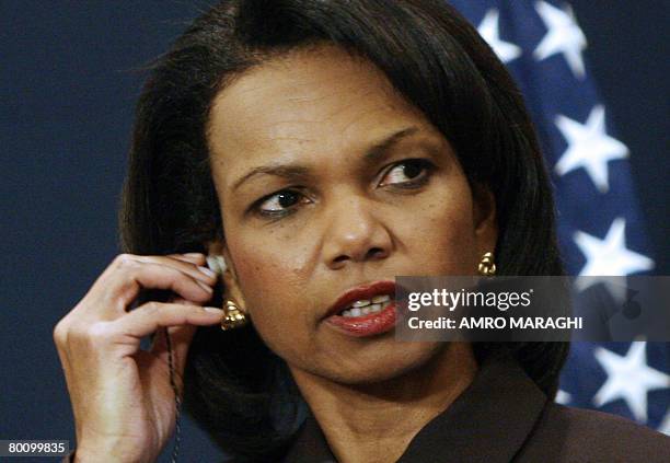 Secretary of State Condoleezza Rice listens to a question during a joint press conference with Egyptian Foreign Minister Ahmed Abul Gheit following...